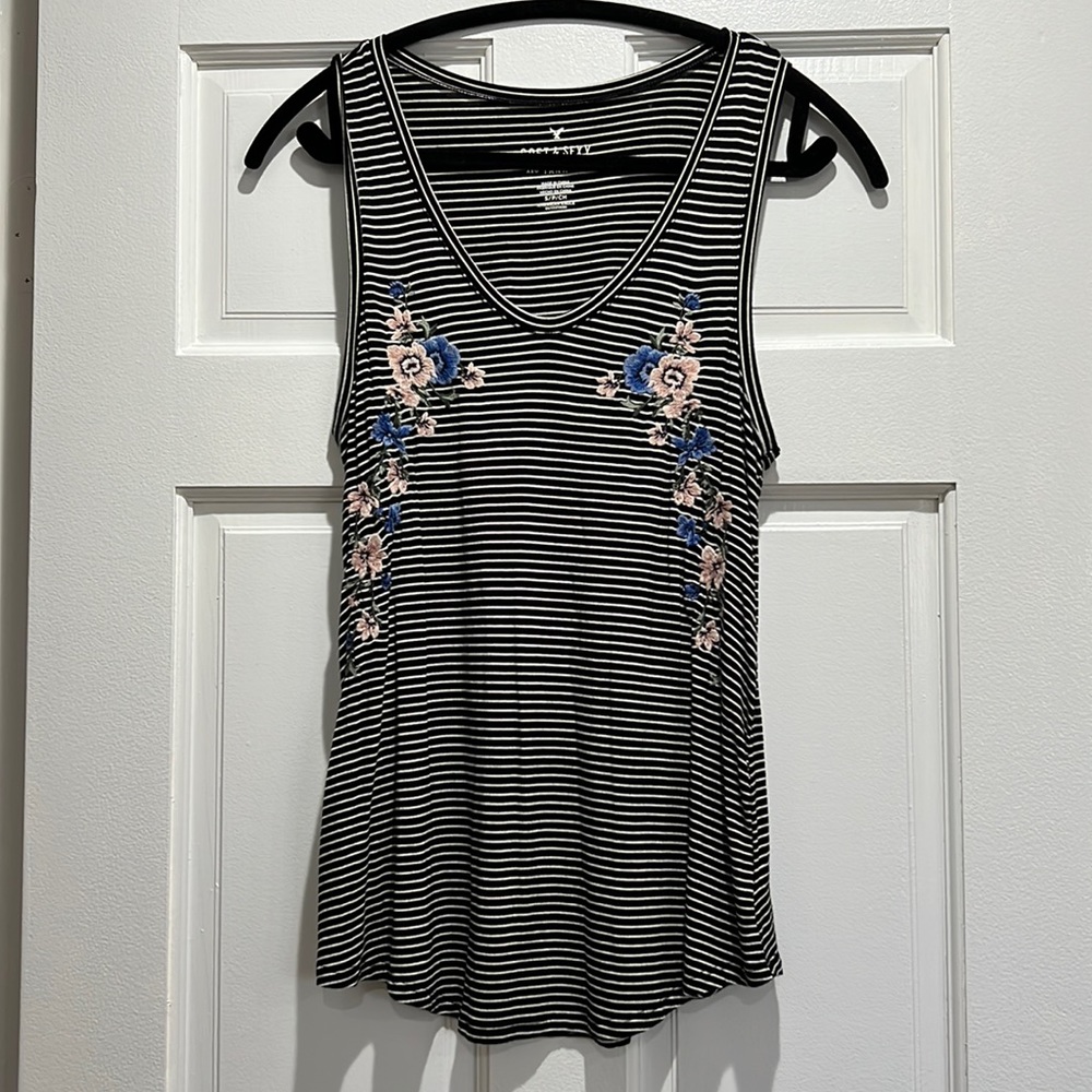 black and white striped tank with floral design